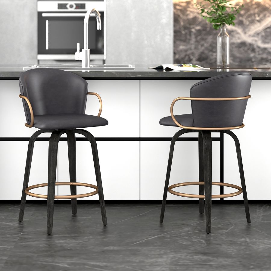 Lawson 26" Counter Stool, set of 2, with Swivel in Vintage Charcoal, Black and Aged Gold