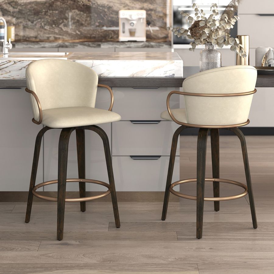 Lawson 26" Counter Stool, set of 2, with Swivel in Vintage Ivory, Brown and Aged Gold