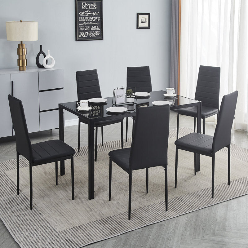 Black Tempered Glass and Black Chairs 7pc