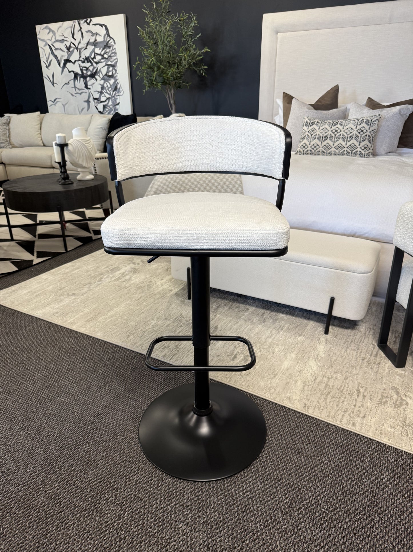 Kazan Adjustable Air-Lift Stool, Set of 2 in Ivory Performance Fabric & Black Metal