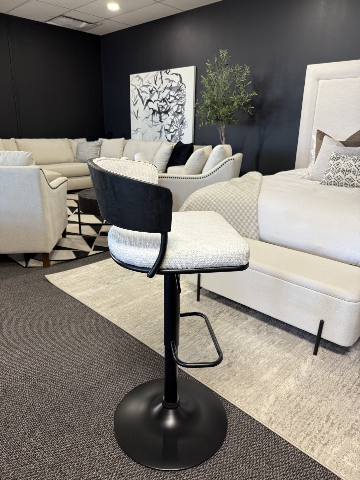 Kazan Adjustable Air-Lift Stool, Set of 2 in Ivory Performance Fabric & Black Metal