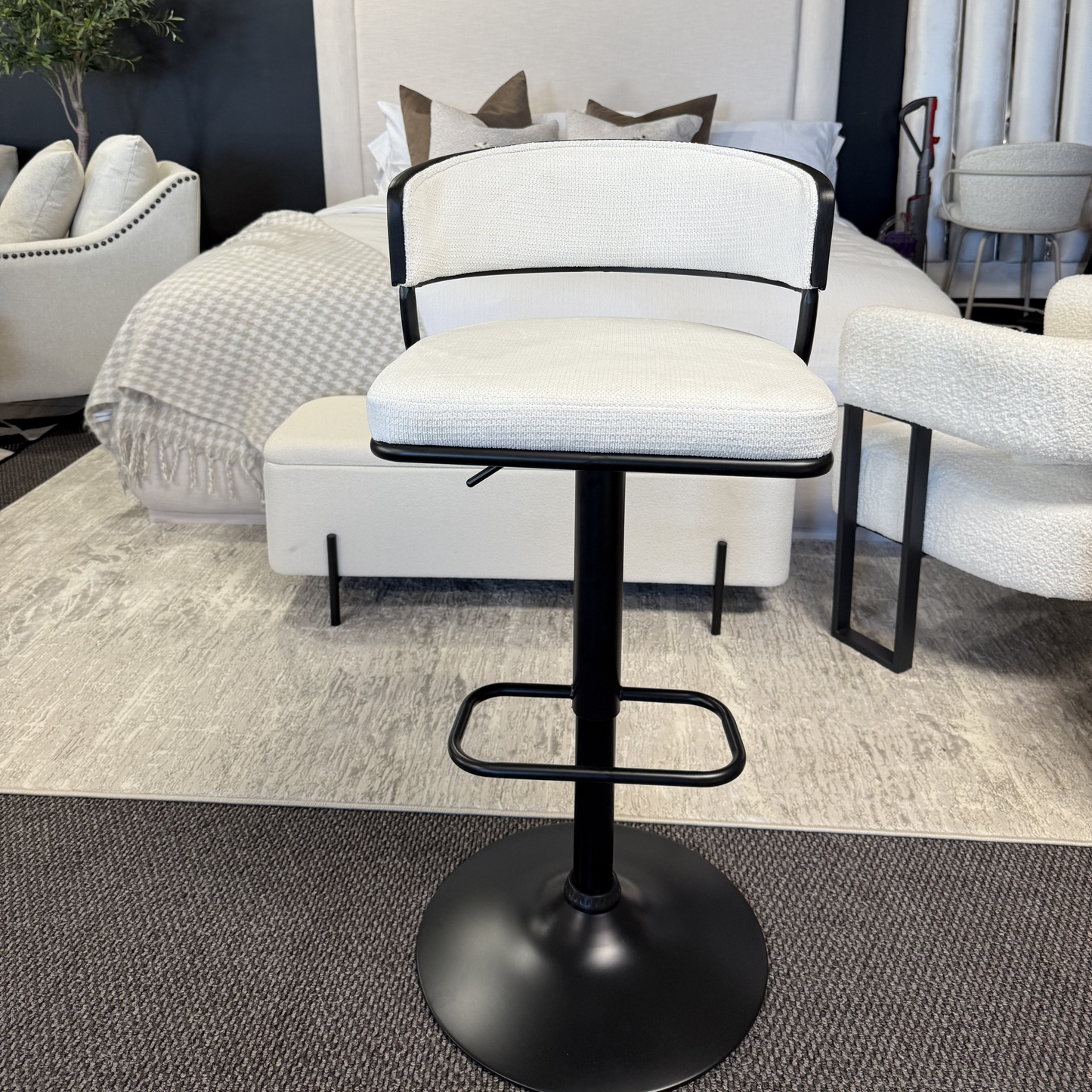 Kazan Adjustable Air-Lift Stool, Set of 2 in Ivory Performance Fabric & Black Metal