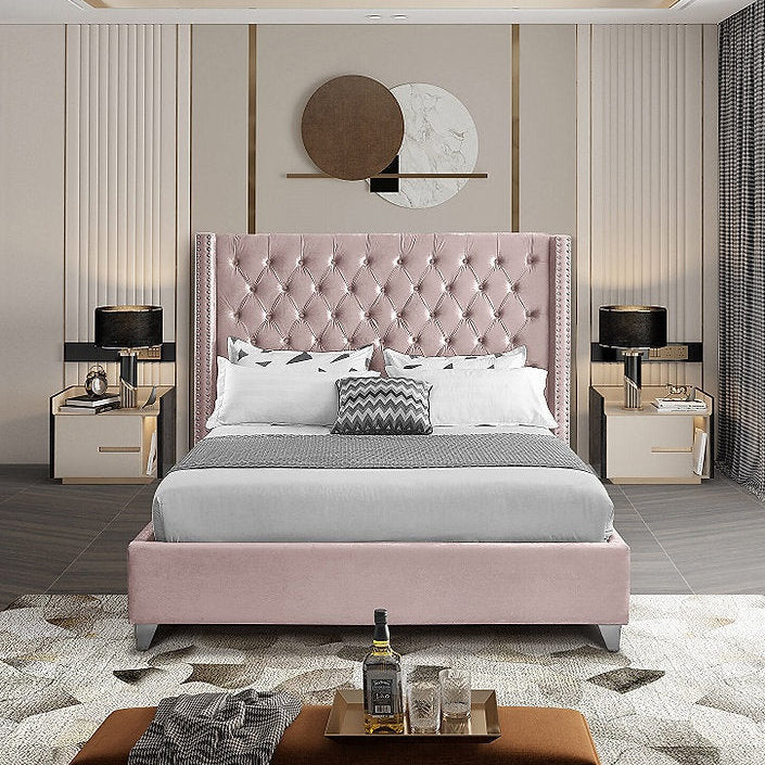 Aiden Blush Velvet Upholstered Bed