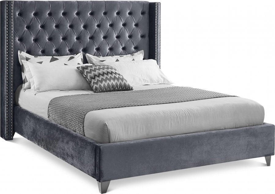 Aiden Grey Velvet Upholstered Bed
