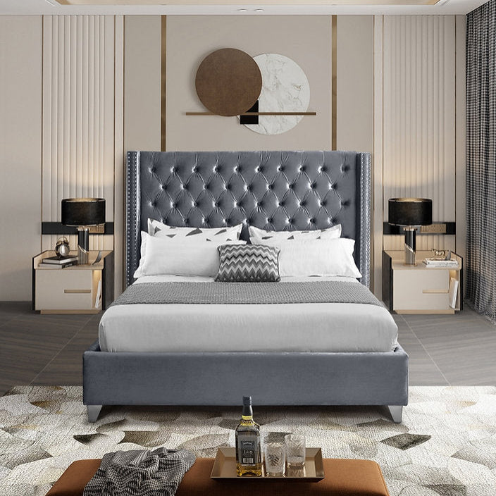 Aiden Grey Velvet Upholstered Bed