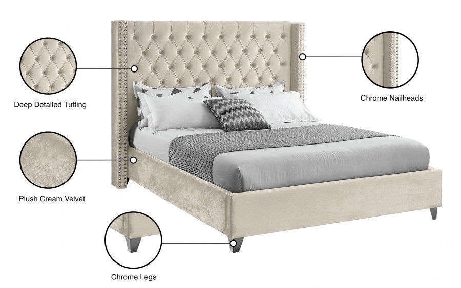 Aiden Ivory Velvet Upholstered Bed
