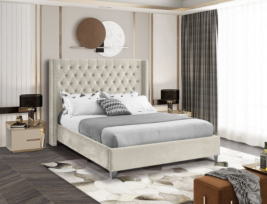 Aiden Ivory Velvet Upholstered Bed
