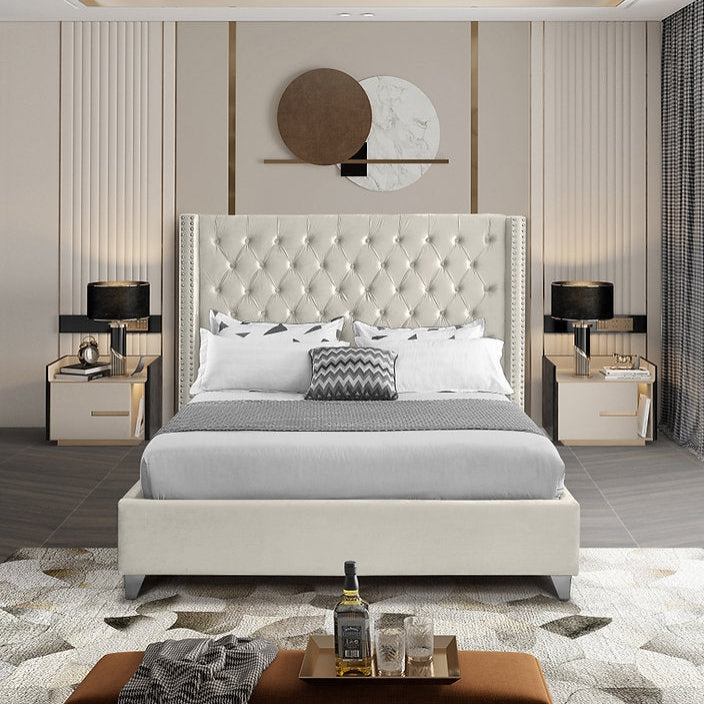 Aiden Ivory Velvet Upholstered Bed