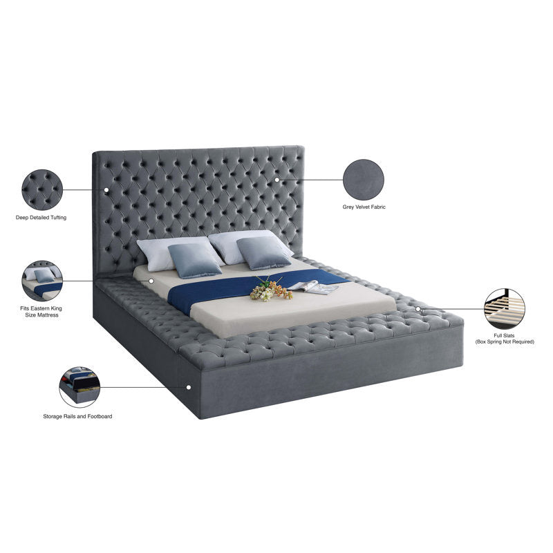 Bliss Grey Velvet Upholstered Storage Bed