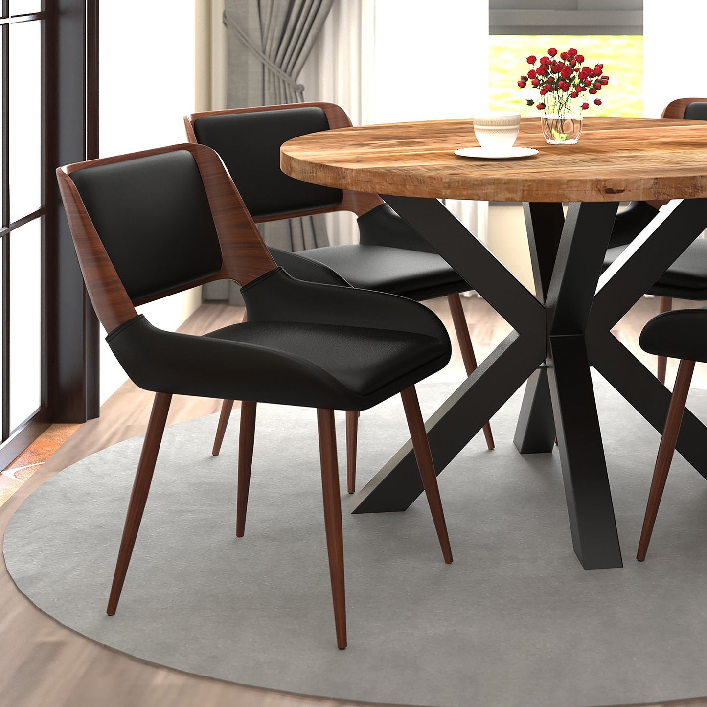 Hudson Dining Chair in Black Faux Leather, Metal and Walnut Metal and Wood