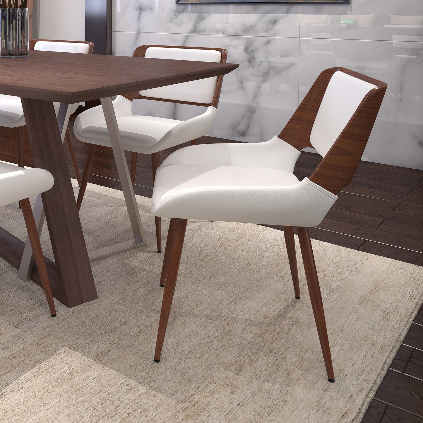Hudson Dining Chair in White Faux Leather and Walnut Metal and Wood