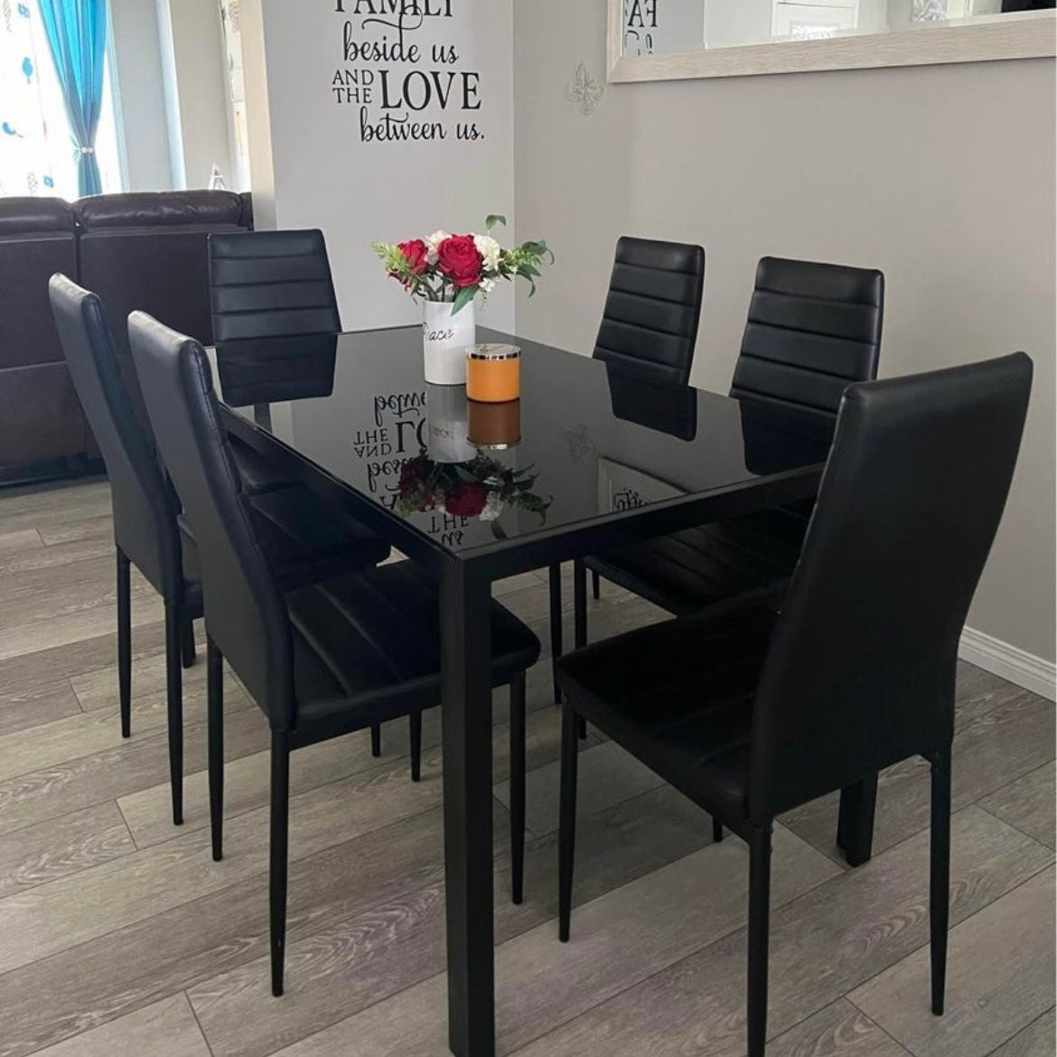 Black Tempered Glass and Black Chairs 7pc
