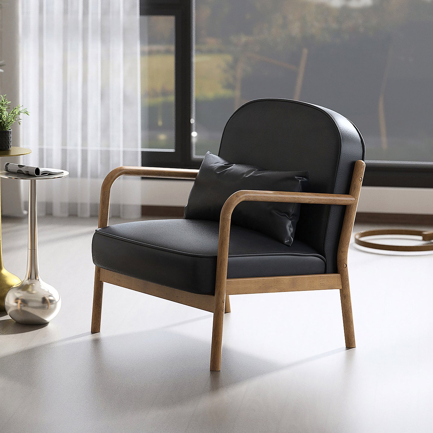Fani Accent Chair, Faux Leather In Black And Walnut