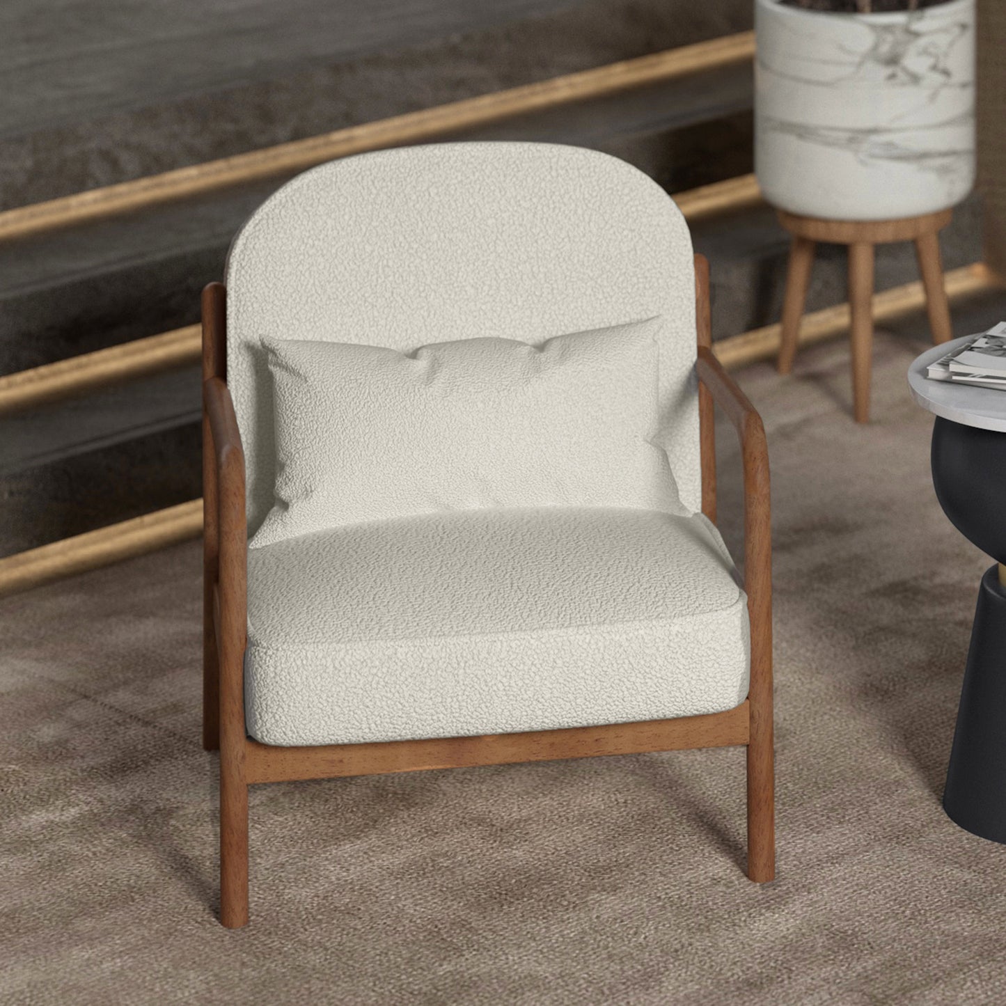 Fani Accent Chair, Fabric In White And Walnut