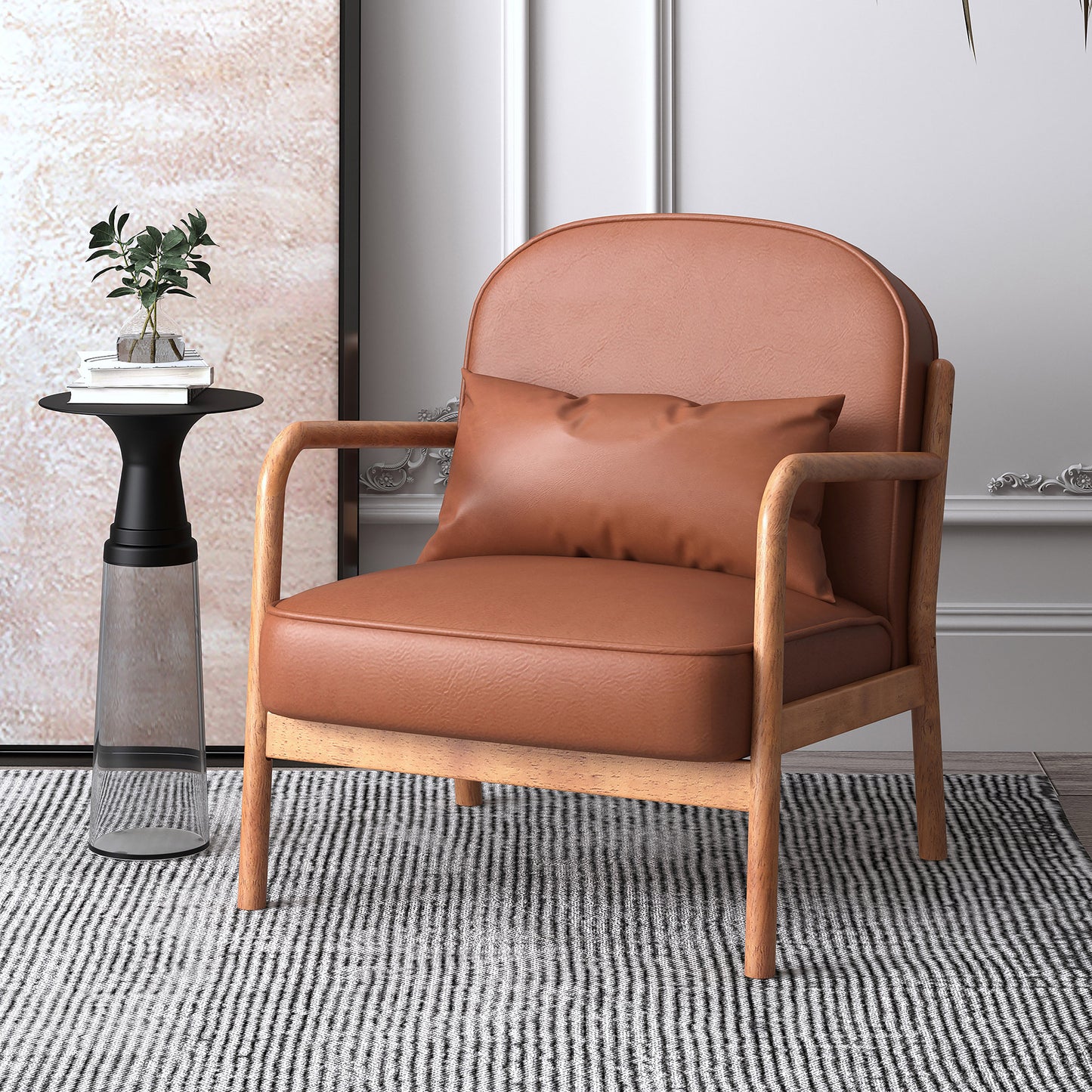 Fani Accent Chair, Faux Leather In Saddle And Walnut