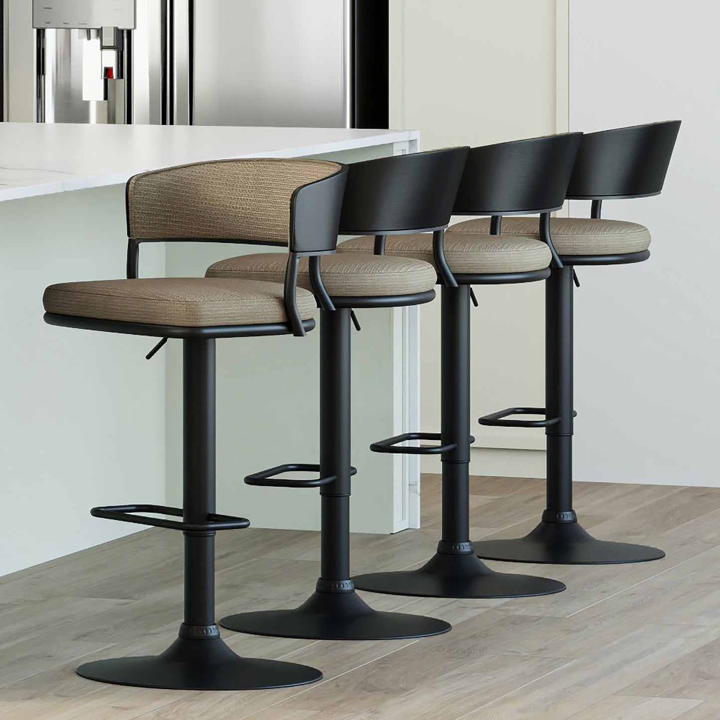 Kazan Adjustable Air-Lift Stool, Set of 2 in Dark Beige Performance Fabric & Black Metal