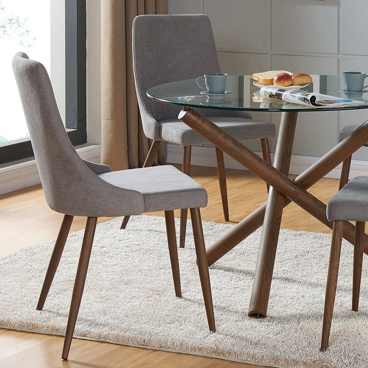 Cora Fabric Dining Chair, set of 2, in Grey and Walnut