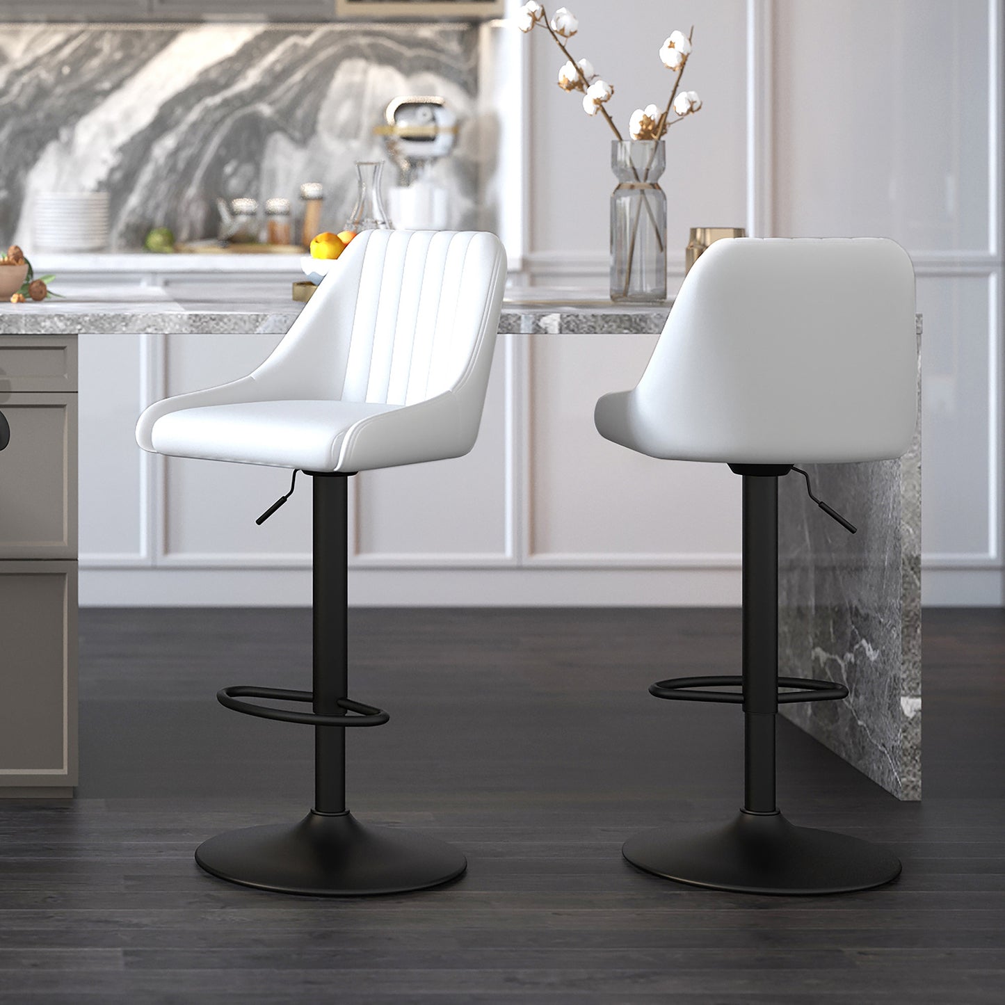 Kron Adjustable Height Air-Lift Swivel Stool, set of 2, in White Faux Leather