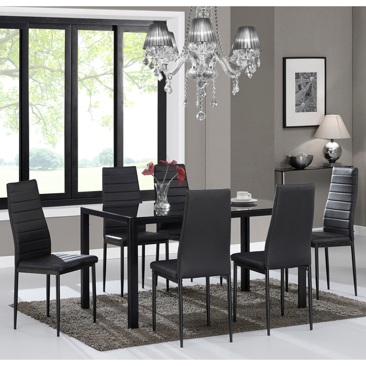 Black Tempered Glass and Black Chairs 7pc