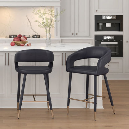 Crimson 26" Counter Stool, set of 2, in Black Faux Leather and Black and Aged Gold