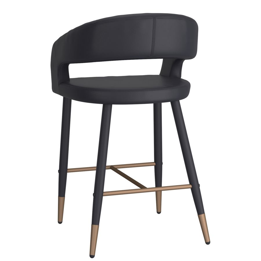 Crimson 26" Counter Stool, set of 2, in Black Faux Leather and Black and Aged Gold
