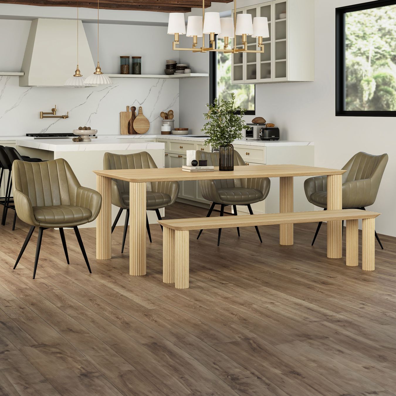 Sangra/Talon 6pc Dining Set - Natural Table and Bench with Moss Chair