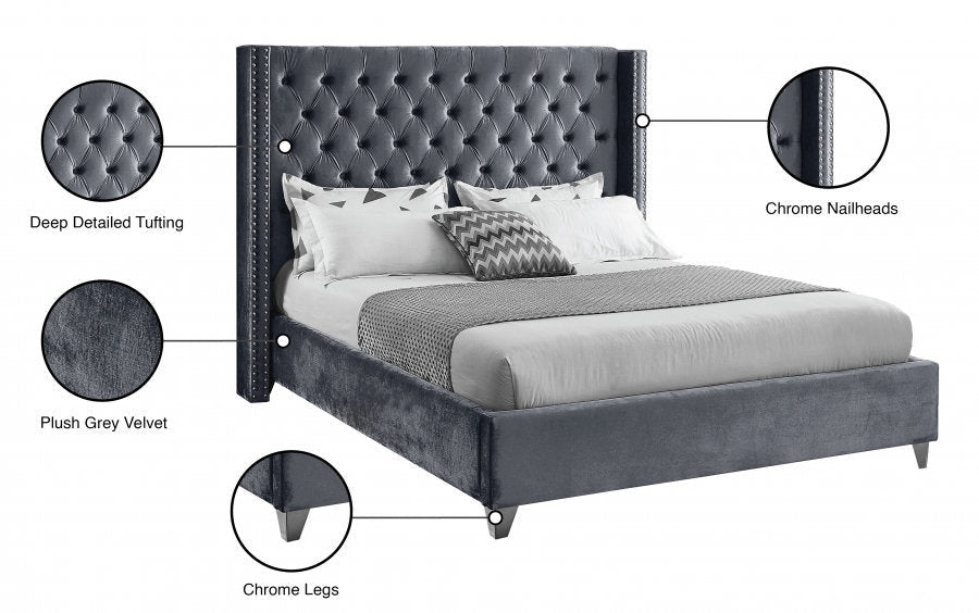 Aiden Grey Velvet Upholstered Bed