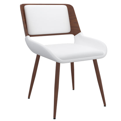Hudson Dining Chair in White Faux Leather and Walnut Metal and Wood