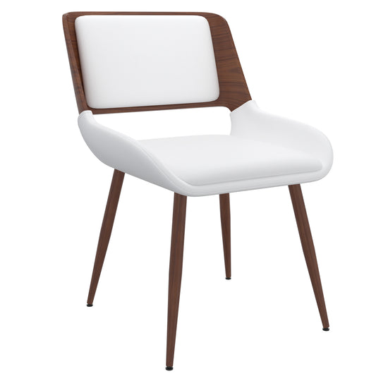 Hudson Dining Chair in White Faux Leather and Walnut Metal and Wood